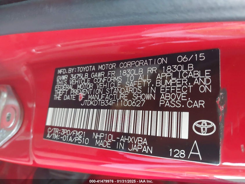 2015 TOYOTA PRIUS C VIN: JTDKDTB34F1100627