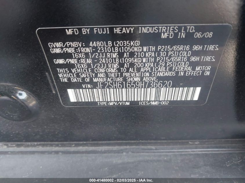 2009 Subaru Forester 2.5X VIN: JF2SH61659H736620 Lot: 41480002