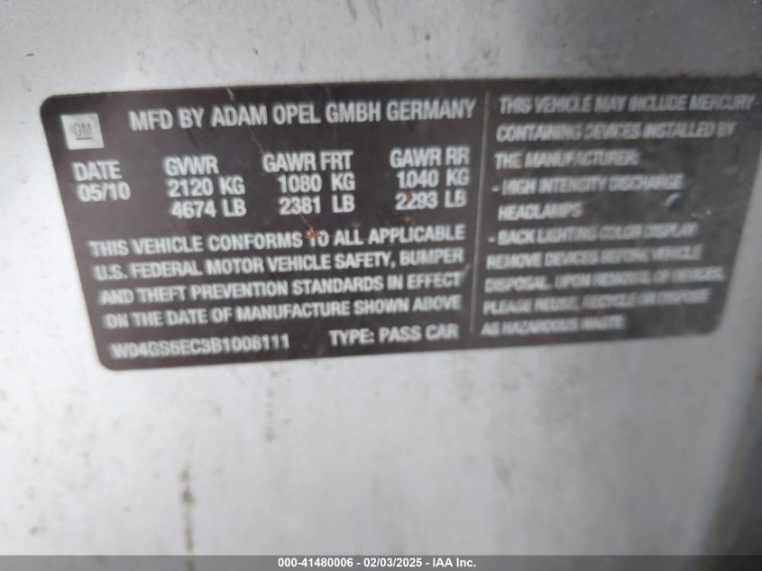 2011 Buick Regal Cxl Russelsheim VIN: W04GS5EC3B1008111 Lot: 41480006