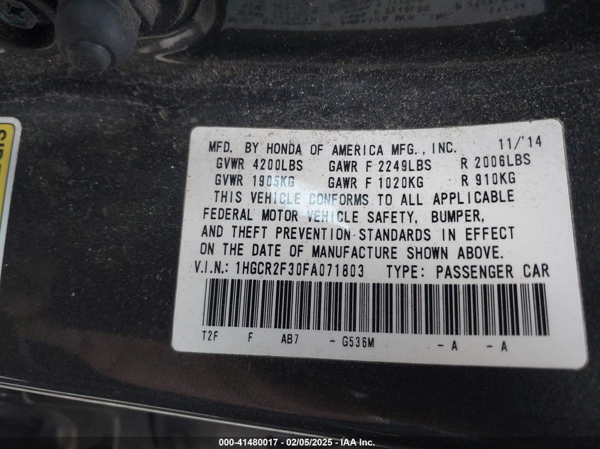 2015 HONDA ACCORD VIN: 1HGCR2F30FA071803