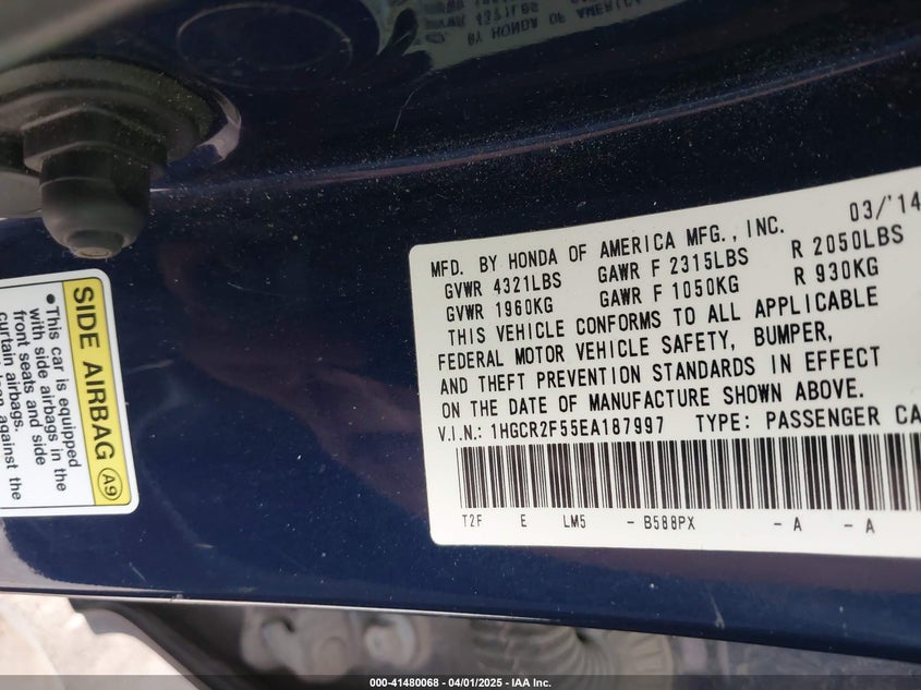 2014 HONDA ACCORD VIN: 1HGCR2F55EA187997