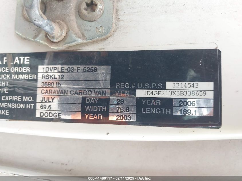 2003 Dodge Caravan Cv VIN: 1D4GP213X3P338659 Lot: 41480117