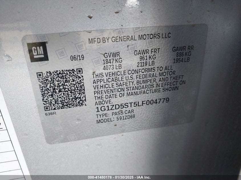 2020 CHEVROLET MALIBU VIN: 1G1ZD5ST5LF004779