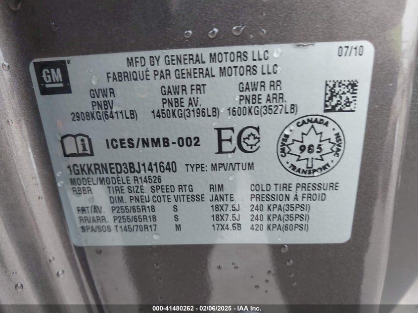 2011 GMC ACADIA VIN: 1GKKRNED3BJ141640