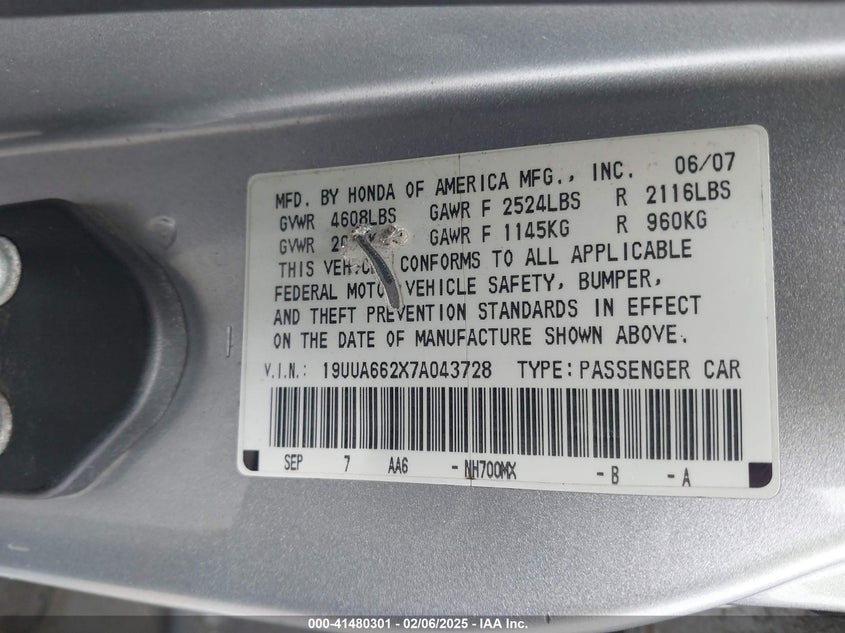 2007 ACURA TL VIN: 19UUA662X7A043728