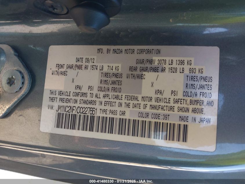 2013 Mazda Mx-5 Miata Grand Touring VIN: JM1NC2NFXD0227661 Lot: 41480330