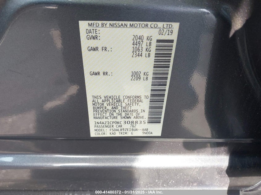 2019 Nissan Leaf S VIN: 1N4AZ1CP0KC308835 Lot: 41480372