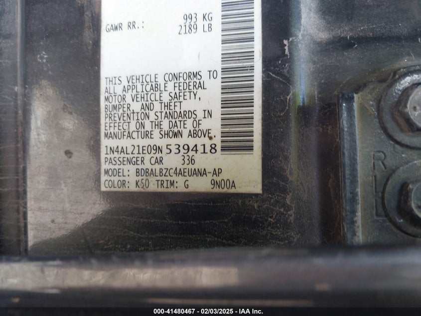 2009 NISSAN ALTIMA VIN: 1N4AL21E09N539418