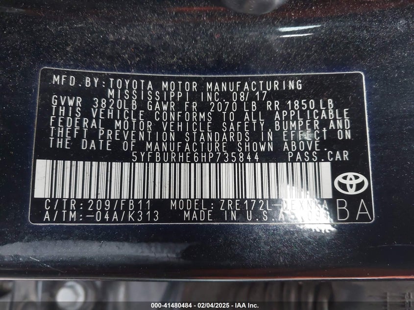 2017 TOYOTA COROLLA VIN: 5YFBURHE6HP735844