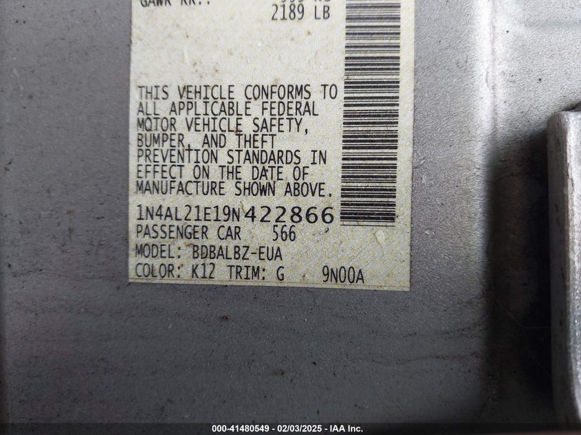 2009 Nissan Altima 2.5 S VIN: 1N4AL21E19N422866 Lot: 41480549