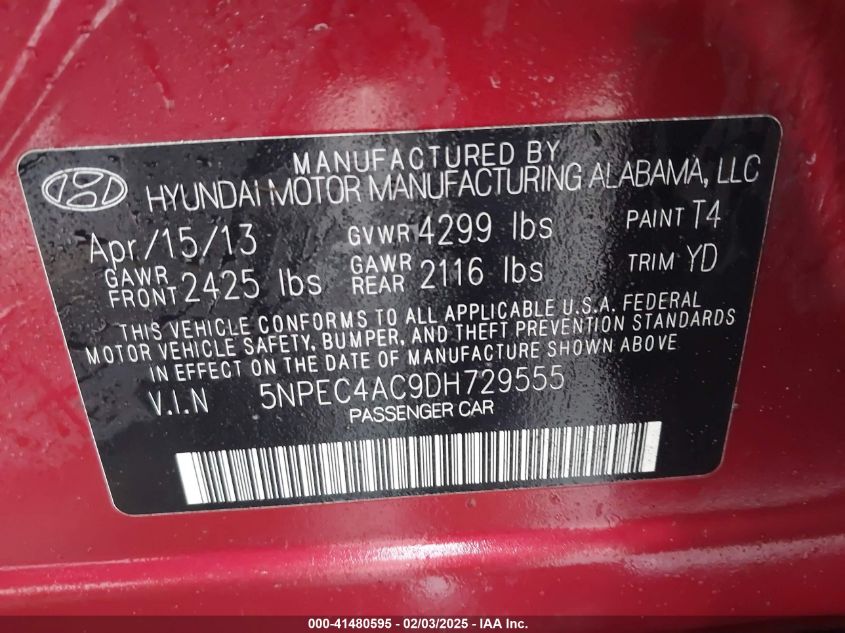 2013 Hyundai Sonata Limited VIN: 5NPEC4AC9DH729555 Lot: 41480595