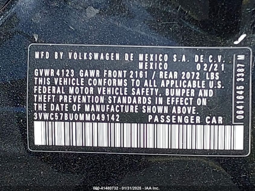 2021 Volkswagen Jetta 1.4T R-Line/1.4T S/1.4T Se VIN: 3VWC57BU0MM049142 Lot: 41480732