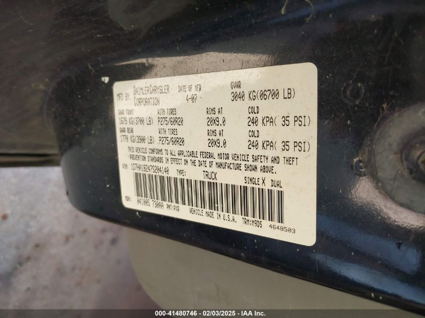 2007 Dodge Ram 1500 Slt VIN: 1D7HA18247S204140 Lot: 41480746