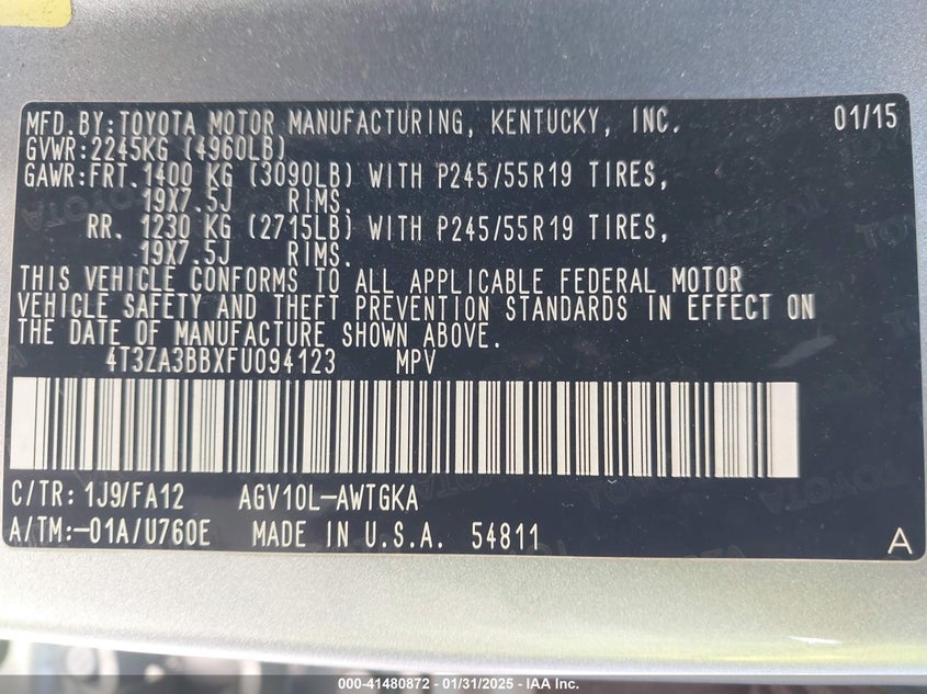 2015 TOYOTA VENZA VIN: 4T3ZA3BBXFU094123