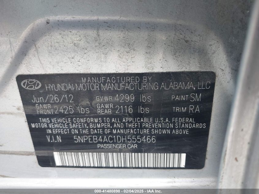 2013 Hyundai Sonata Gls VIN: 5NPEB4AC1DH555466 Lot: 41480898