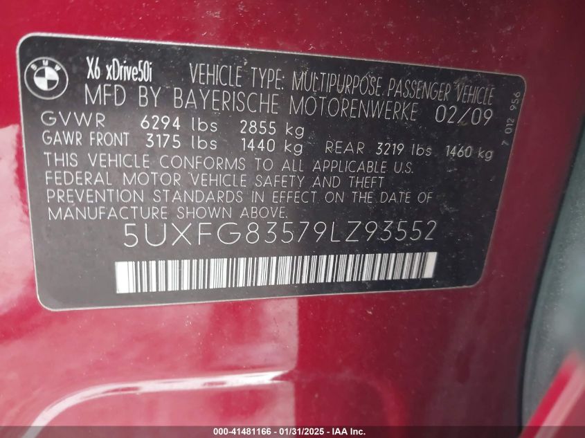 2009 BMW X6 VIN: 5UXFG83579LZ29355 Lot: 41481166