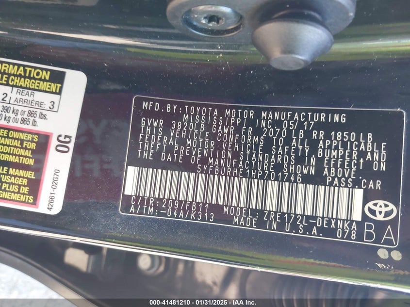 2017 TOYOTA COROLLA VIN: 5YFBURHE1HP701746
