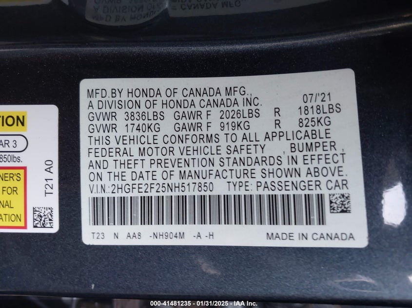 2022 HONDA CIVIC LX - 2HGFE2F25NH517850