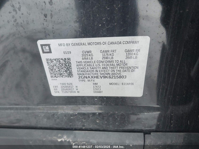 2019 CHEVROLET EQUINOX VIN: 2GNAXHEV9K6215803
