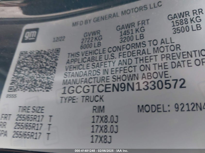 2022 CHEVROLET COLORADO VIN: 1GCGTCEN9N1330572