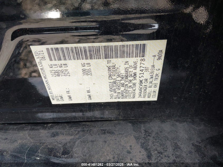 2021 NISSAN MAXIMA VIN: 1N4AA6CV6MC514778