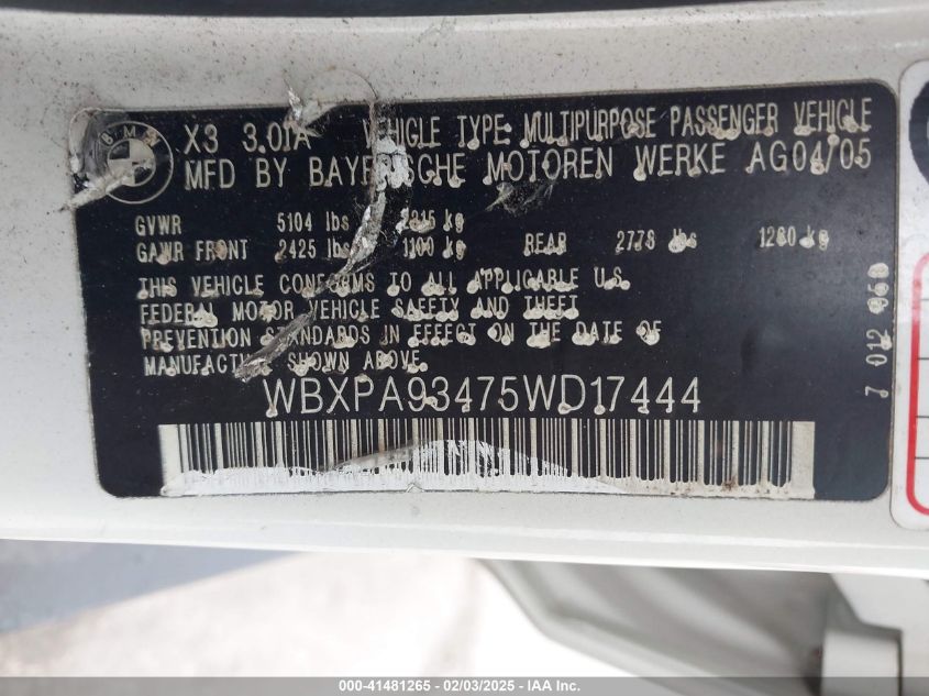 2005 BMW X3 3.0I VIN: WBXPA93475WD17444 Lot: 41481265