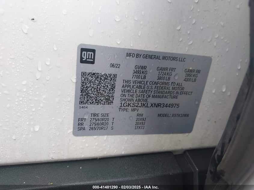 2022 GMC Yukon Xl 4Wd Denali VIN: 1GKS2JKLXNR344975 Lot: 41481290