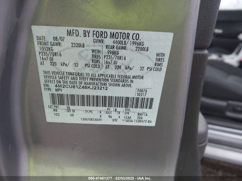 2008 Mercury Mariner I4 VIN: 4M2CU81Z48KJ23212 Lot: 41481377