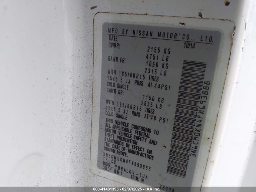 2015 Nissan Nv200 Sv VIN: 3N6CM0KN4FK693888 Lot: 41481395