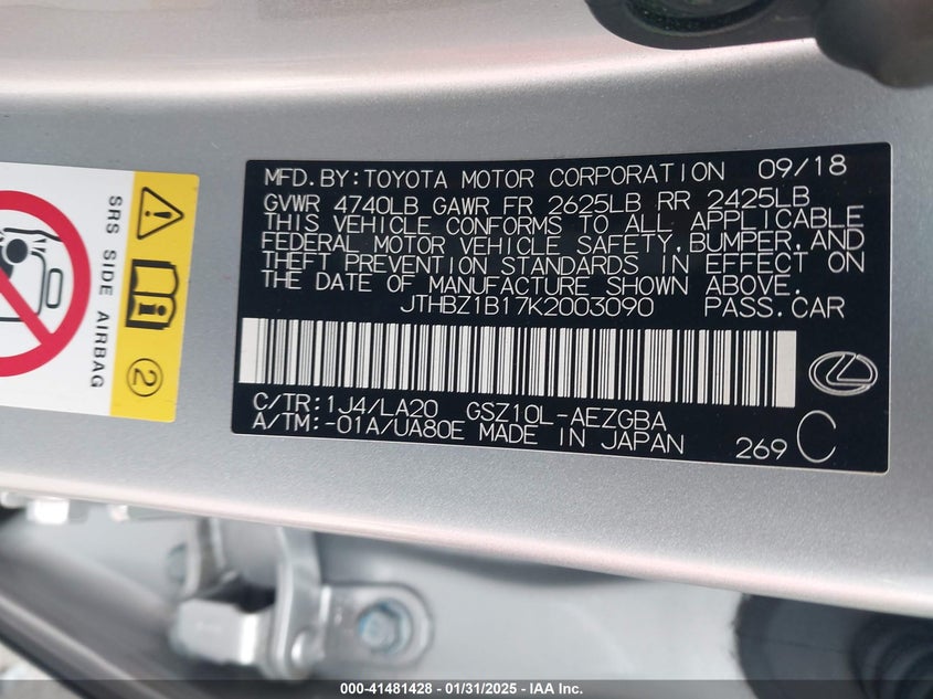 2019 LEXUS ES 350 - JTHBZ1B17K2003090