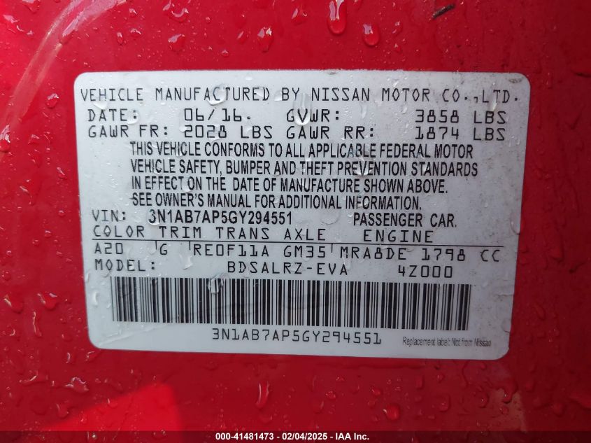 2016 Nissan Sentra Sr VIN: 3N1AB7AP5GY294551 Lot: 41481473