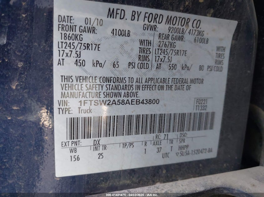 2010 FORD F-250 VIN: 1FTSW2A58AEB43800