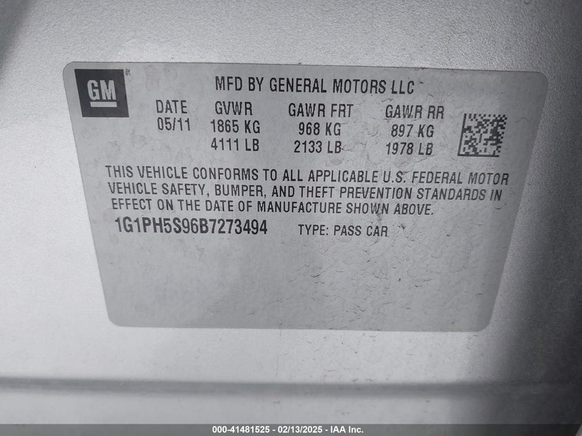 2011 CHEVROLET CRUZE VIN: 1G1PH5S96B7273494