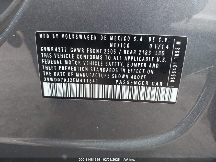 2014 VOLKSWAGEN JETTA VIN: 3VWD07AJ2EM411841