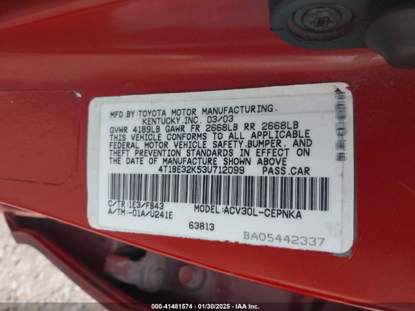 2003 Toyota Camry Le VIN: 4T1BE32K53U712099 Lot: 41481574