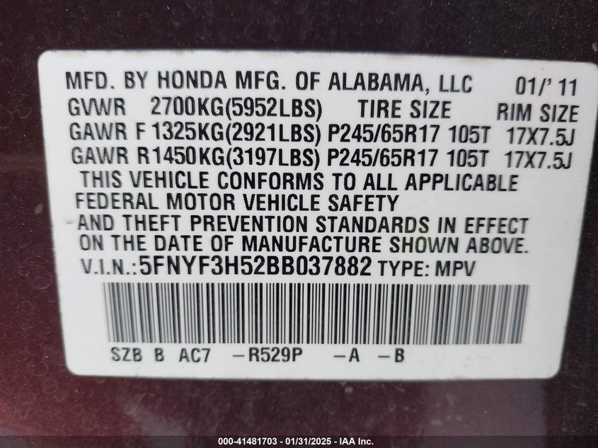 2011 HONDA PILOT VIN: 5FNYF3H52BB037882