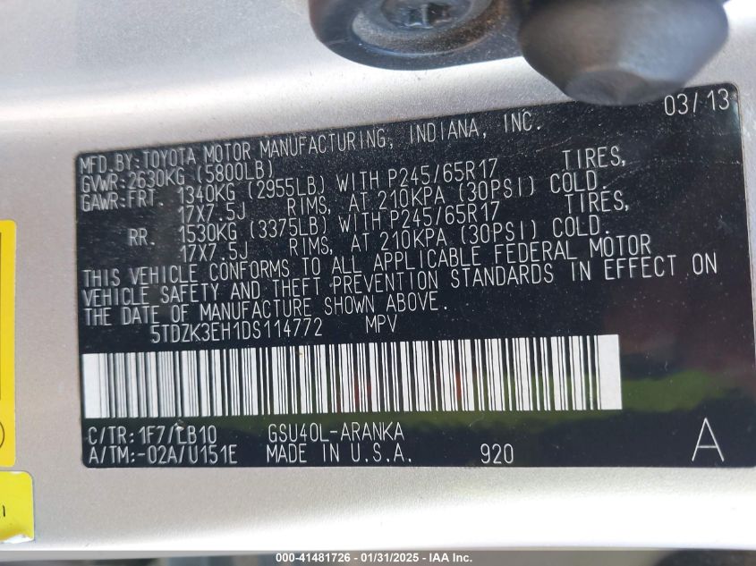 2013 Toyota Highlander Plus/Se VIN: 5TDZK3EH1DS114772 Lot: 41481726