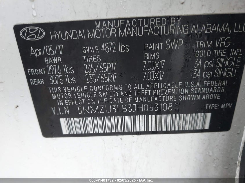 2018 HYUNDAI SANTA FE SPORT VIN: 5NMZU3LB3JH053108