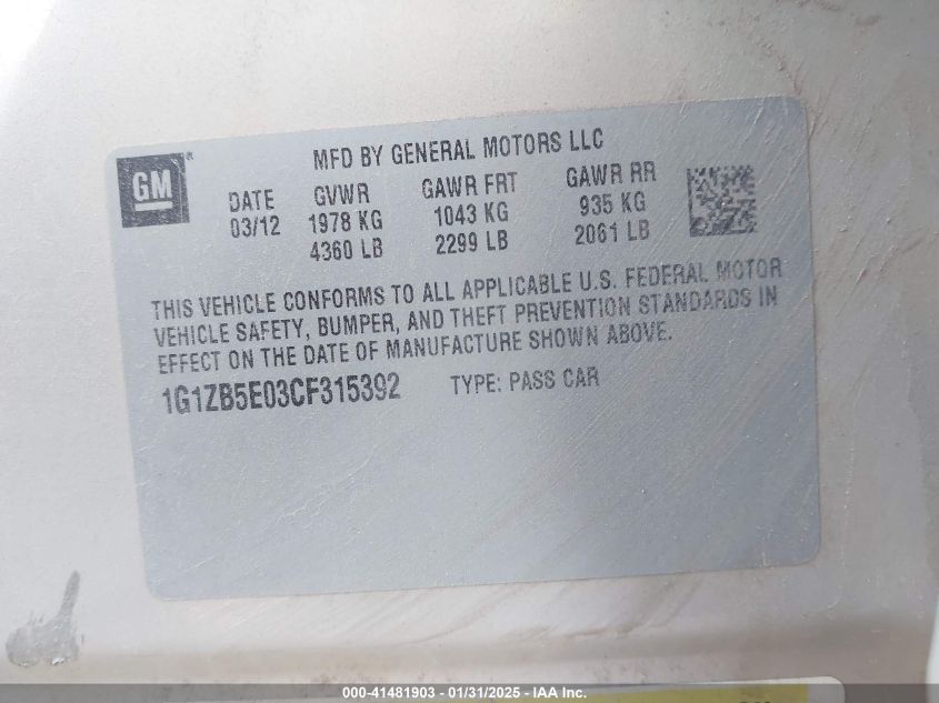 2012 Chevrolet Malibu Ls VIN: 1G1ZB5E03CF315392 Lot: 41481903