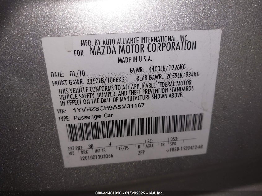 2010 MAZDA 6 VIN: 1YVHZ8CH9A5M31167