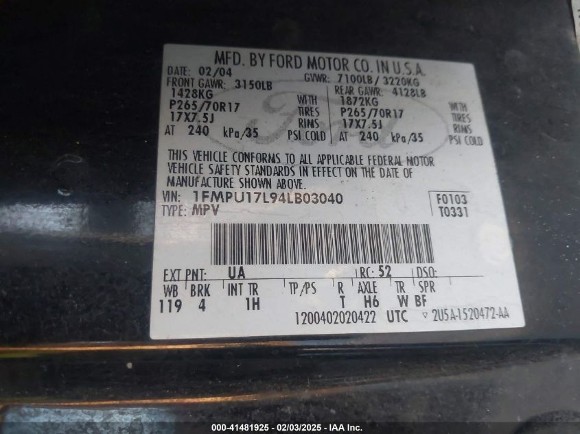 2004 Ford Expedition Eddie Bauer VIN: 1FMPU17L94LB03040 Lot: 41481925