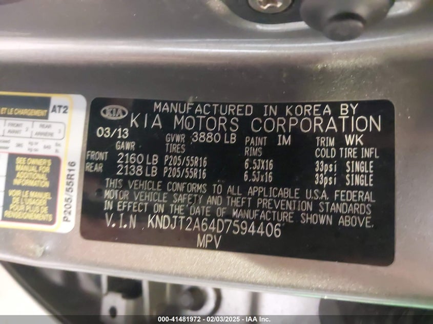 2013 Kia Soul + VIN: KNDJT2A64D7594406 Lot: 41481972