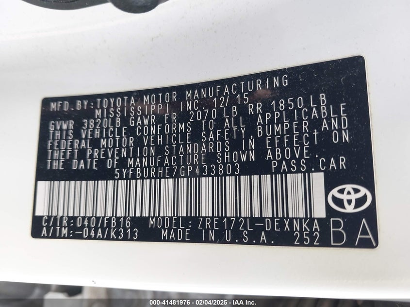 2016 TOYOTA COROLLA VIN: 5YFBURHE7GP433803