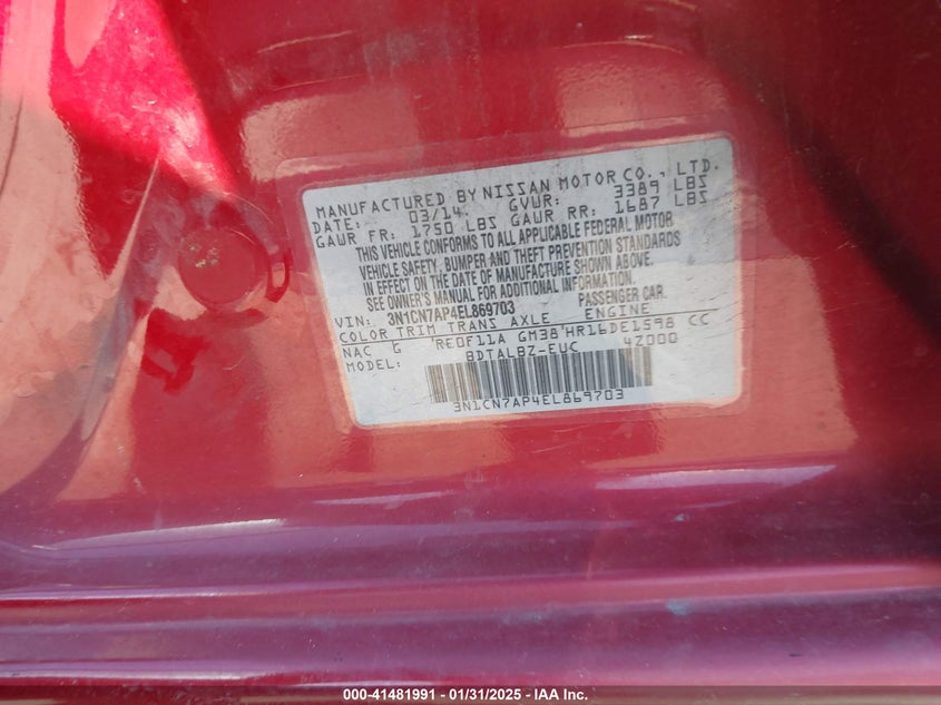 2014 NISSAN VERSA VIN: 3N1CN7AP4EL869703