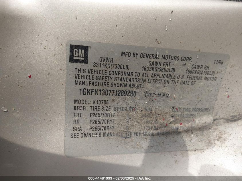 2007 GMC Yukon Sle VIN: 1GKFK13077J289280 Lot: 41481999