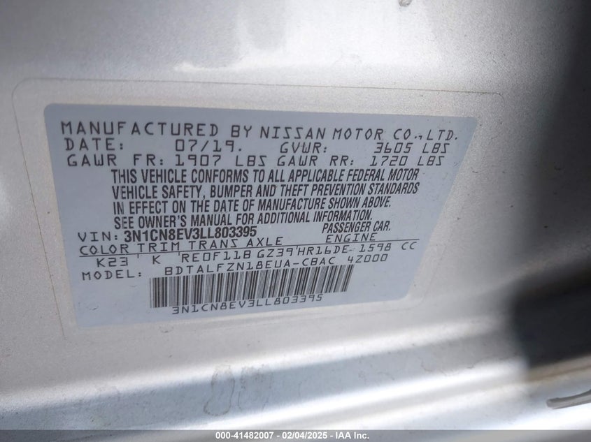 2020 NISSAN VERSA SV XTRONIC CVT - 3N1CN8EV3LL803395