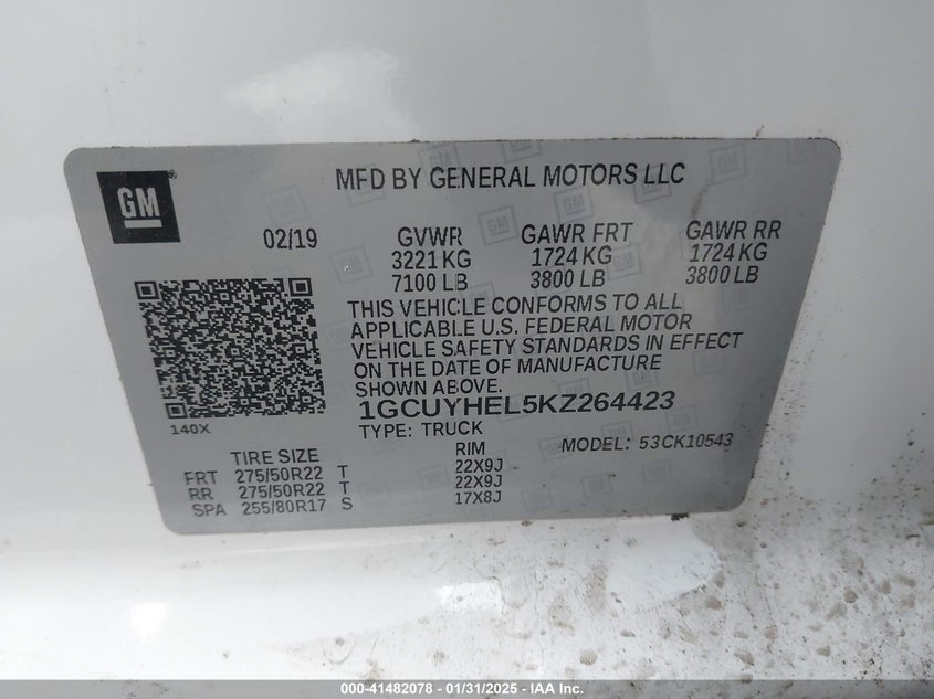 2019 CHEVROLET SILVERADO 1500 VIN: 1GCUYHEL5KZ264423