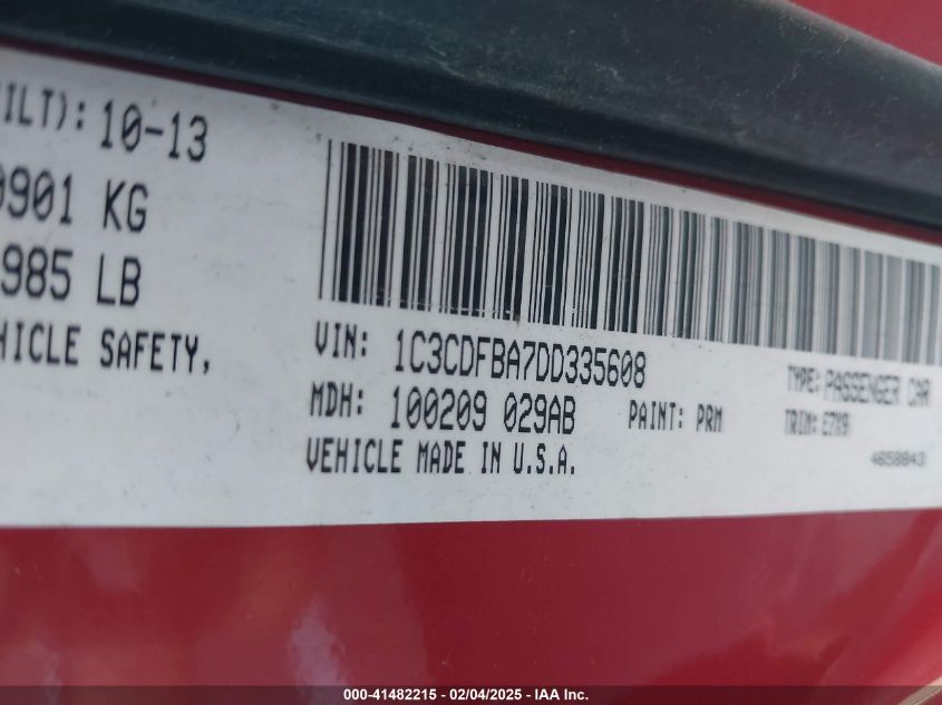 2013 Dodge Dart Sxt VIN: 1C3CDFBA7DD335608 Lot: 41482215