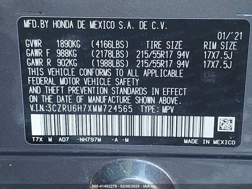 2021 Honda Hr-V Awd Ex-L VIN: 3CZRU6H7XMM724565 Lot: 41482279