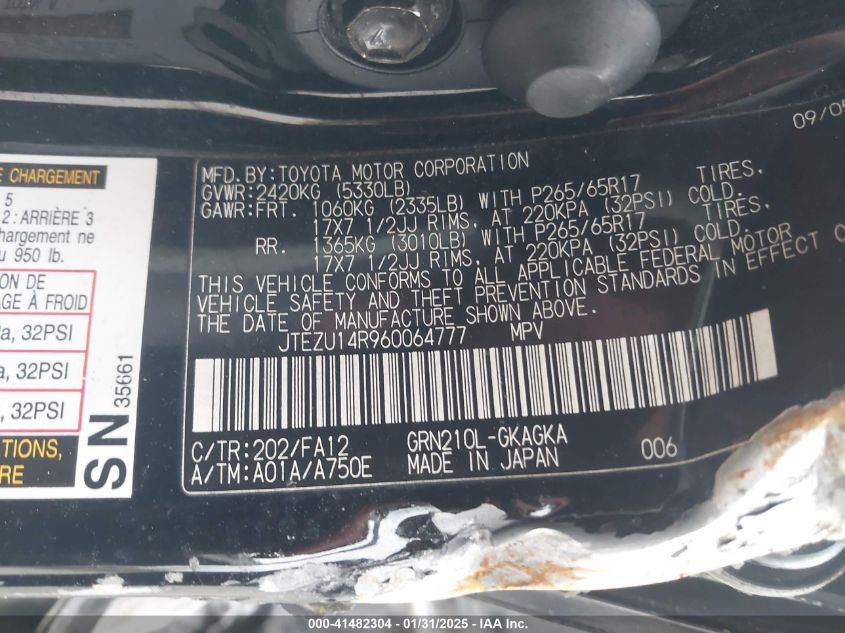 2006 Toyota 4Runner Sr5 V6 VIN: JTEZU14R960064777 Lot: 41482304